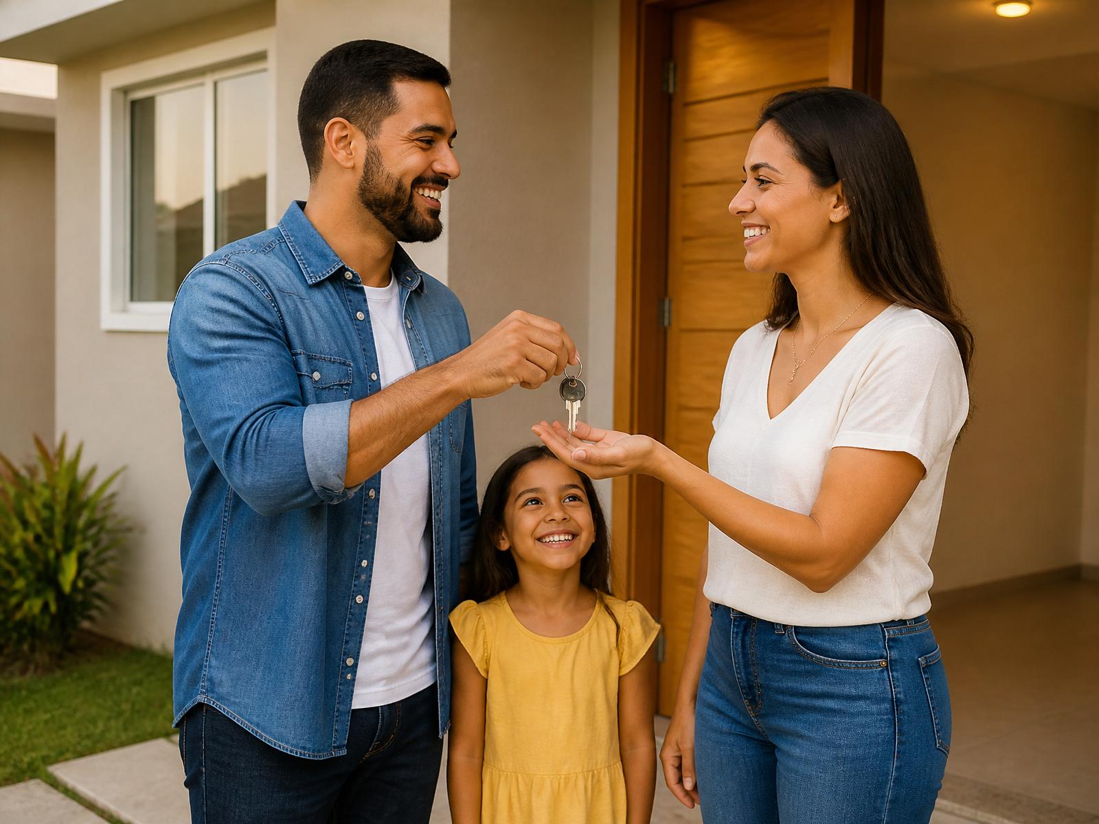 Família feliz recebendo as chaves do primeiro apartamento em Tubarão